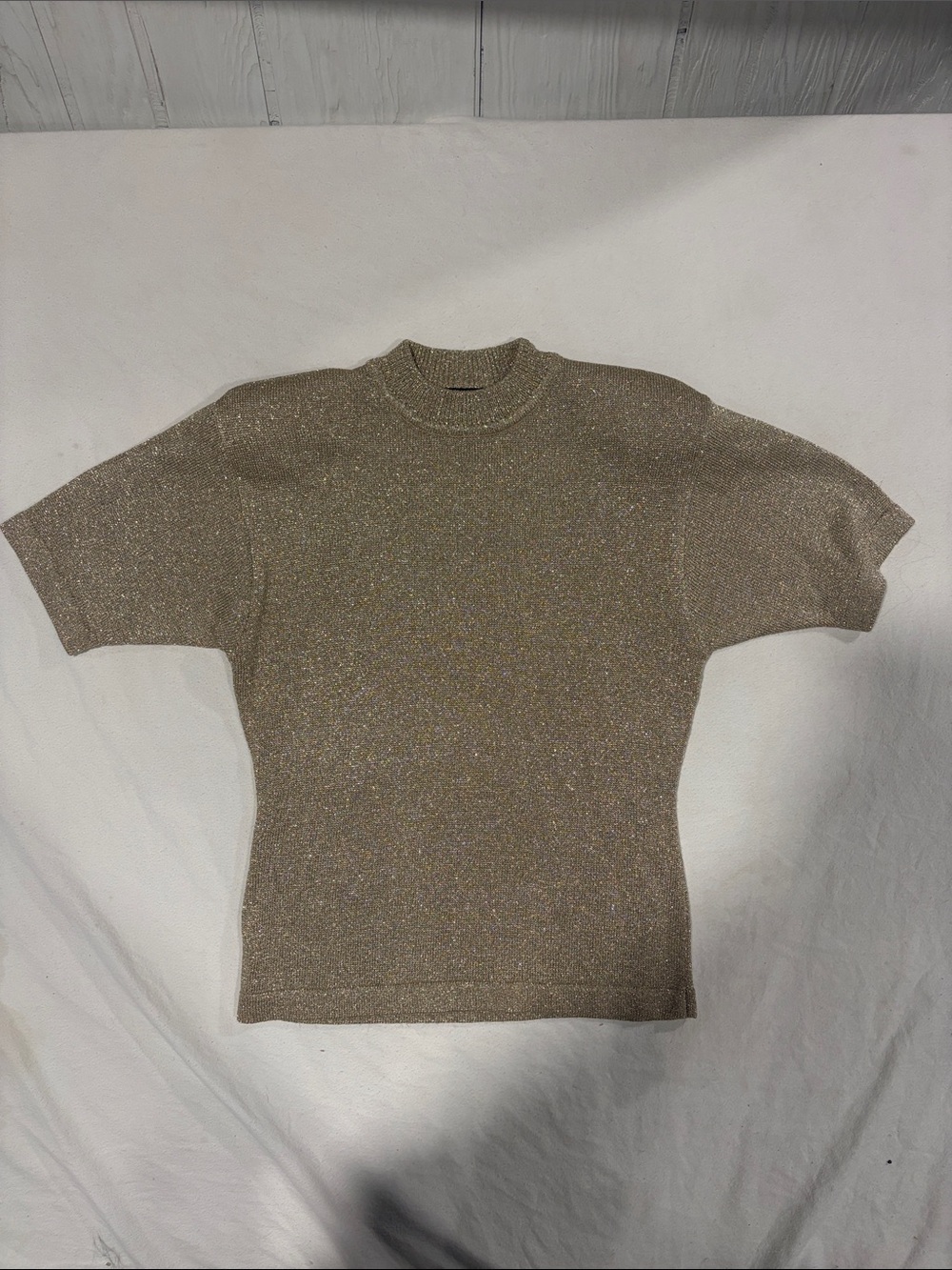 Vintage Suzelle Gold Metallic Shimmer Mock Neck Short Sleeve Top - Size Large